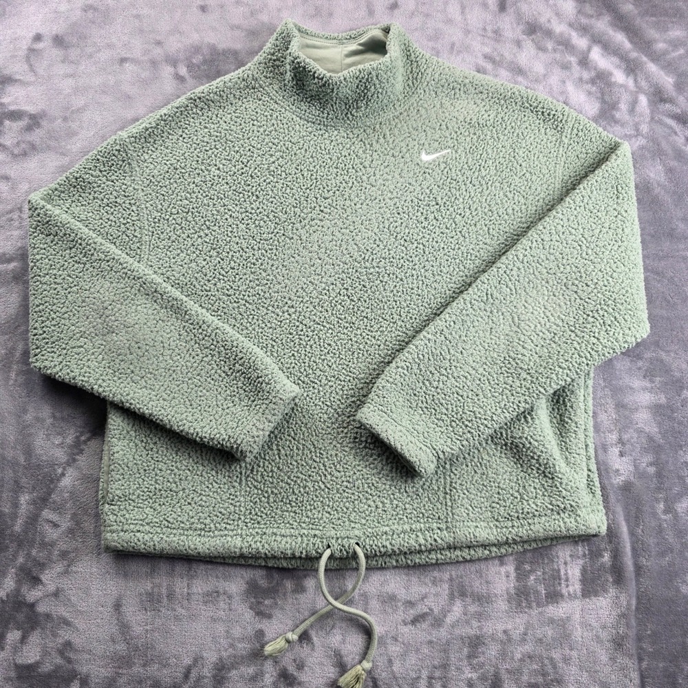 Nike Pullover Women XS Green Therma-FIT Faux Fur‎ Fleece Mock Neck Drawstring